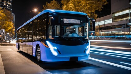Sleek and ultra-modern self-driving autonomous electric bus on city street with neon lights and motion blur