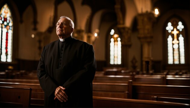 Faithful priest praying in catholic church, devoted prayer