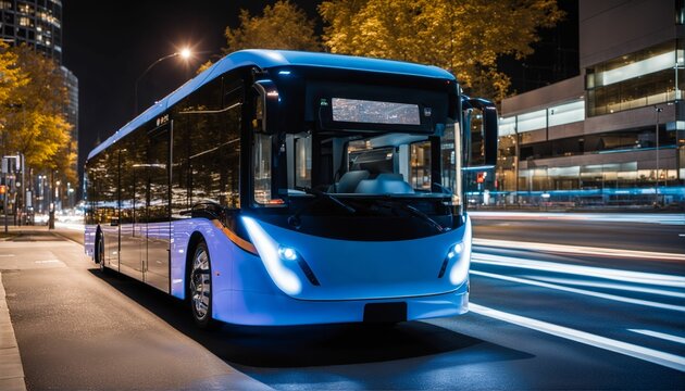 Sleek and ultra-modern self-driving autonomous electric bus on city street with neon lights and motion blur