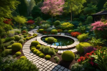 garden of the house, Landscaped backyard of residential house, scenery of home garden, 