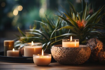 Calming spa scene with candles in natural colors.self care concept. 