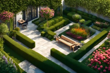 garden of the house, Landscaped backyard of residential house, scenery of home garden, 