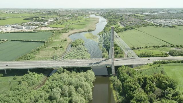 Aerial View Of Mary McAleese Boyne Valley Bridge Over The Boyne River In Ireland.