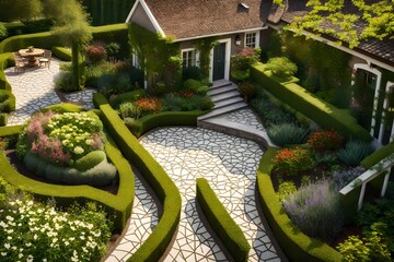 garden of the house, Landscaped backyard of residential house, scenery of home garden, 