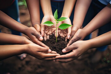 Group of volunteers joins hands together for plant a tree, World environment day global - obrazy, fototapety, plakaty
