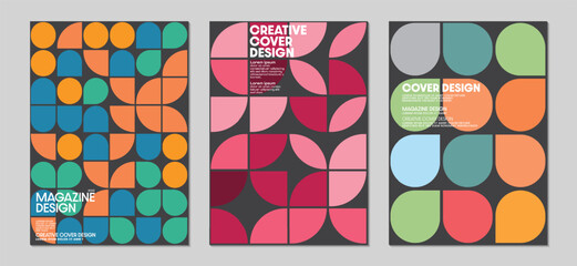 Collection of cover design templates with geometric patterns. Multicolor. Ideas for magazine covers, brochures and posters. Vector illustration.