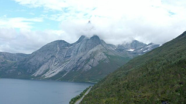 Stetinden Mountain Peak In Narvik, Nordland County, Norway. Aerial Shot