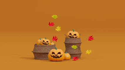 Pumpkins and autumn leaves falling from wooden rattan basket on orange yellow background 3D Rendering. 