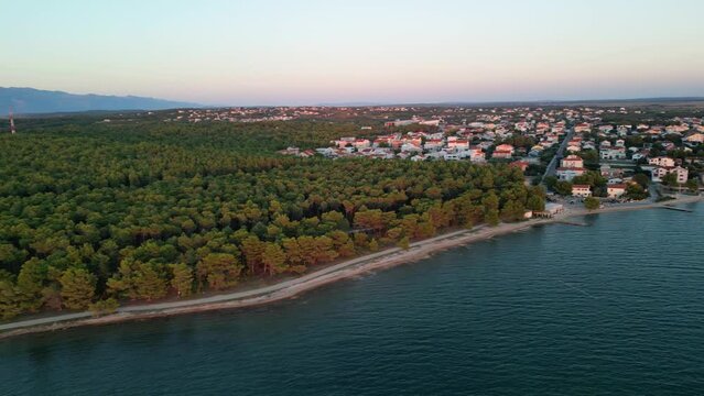 Aerial view over pristine pine tree forest and village Vrsi Mulo, in Zadar region Croatia in summer evening light