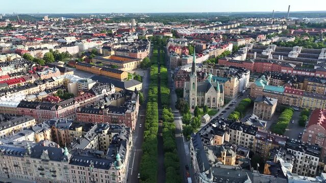 Long alley to Karlaplan city park. Beautiful aerial cityscape of Stockholm, Sweden.