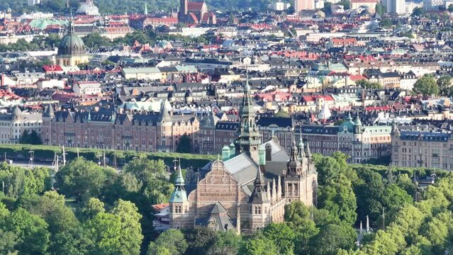 Stunning panoramic view of Nordic Museum and Strandvagen Streen promenade in Stockholm, Sweden.