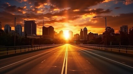 A dramatic foggy or misty road with colorful light from traffic cars through city in the morning sunrise.	
