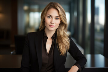Elegantly poised businesswoman wearing a sleeveless tunic with blazer and cropped trousers, exuding professionalism and confidence in her office