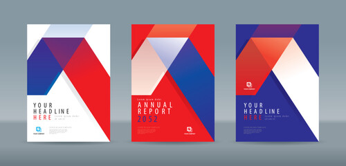Modern folding ribbon theme book cover template in white, red, blue color. A4 size book cover template for annual report, magazine, booklet, proposal, portfolio, brochure, poster