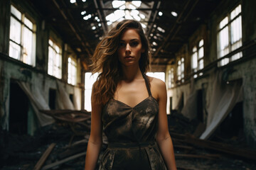 Fototapeta na wymiar Captivating Portrait of a Beautiful Woman, Gracefully Standing in an Eerie, Abandoned Building, Her Long Brown Hair Blowing in the Wind