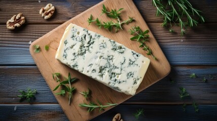 Delicious Roquefort Cheese Photorealistic Horizontal Background. Creamy Milk Product. Ai Generated Backdrop with Copyspace. Tasty Roquefort Cheese.