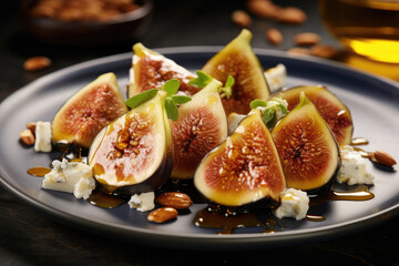 A fig filled with goat cheese and nuts and drizzled with honey