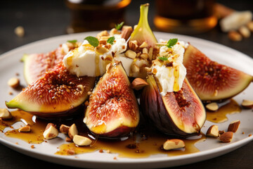 A fig filled with goat cheese and nuts and drizzled with honey - obrazy, fototapety, plakaty
