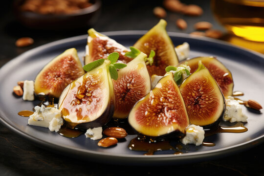 A fig filled with goat cheese and nuts and drizzled with honey