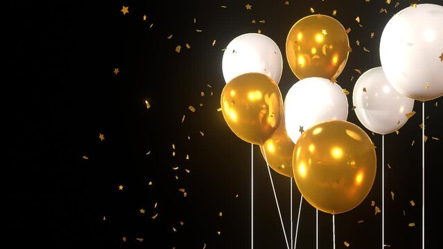 3d animation of balloons and confetti, birthday, wedding or anniversary celebration. Video with transparent alpha channel background