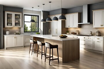 elegant contemporary kitchen room interior. 3d rendering - obrazy, fototapety, plakaty