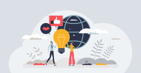 Brand awareness as global product or service recognition tiny person concept. International marketing or promotion campaign for customer engagement vector illustration. Company image association.