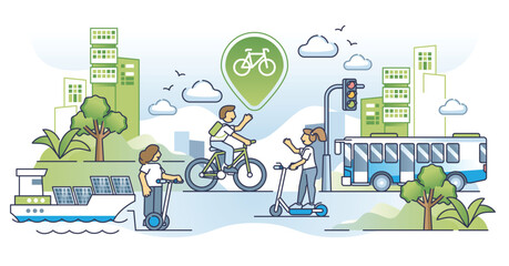 Sustainable urban mobility as micromobility transportation outline concept. Fast, green and effective city transport for environmental lifestyle vector illustration. Modern CO2 clean transport type.