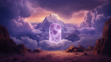 A luminous purple lamp, casting a soft, ethereal glow, stands majestically against a backdrop of a snowy mountain peak