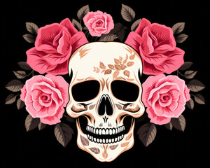 Stylized Artwork of Skull Surrounded by Red Roses