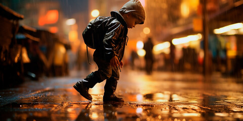 child playing on the street wet from the rain, photograph from the front, on a blurred background of a busy street at night