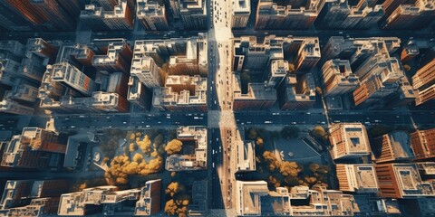 illustration of a bird's eye view, the buildings and streets of a city, generative AI