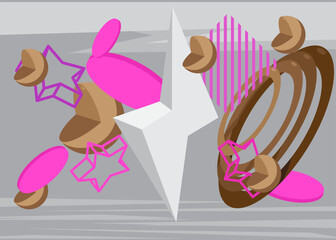 White, Purple, Pink, Brown geometrical graphic retro theme cover. Minimal geometric elements poster design. Vintage abstract shapes template for poster banner.