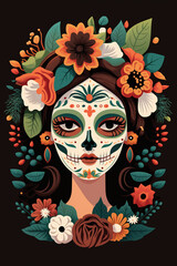 Generative AI. Calavera, Mexican sugar skull makeup and flowers for dia de los Muertos (Day of the Dead).  llustration of a woman in a Mexican La Catrina costume. Woman with sugar skull makeup and flo