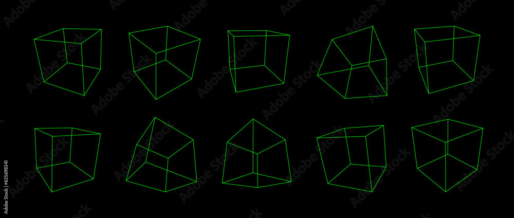 Poster neon green wireframe cube collection. outline cubic shapes in different angle, perspective and posit