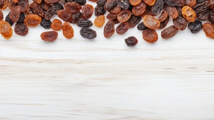 Obraz premium Organic Dried Raisins Berry Photorealistic Horizontal Background. Healthy Vegetarian Energy Snack. Ai Generated Backdrop with Copyspace. Chewy Dried Raisins Berry.
