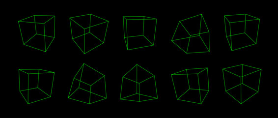 Neon green wireframe cube collection. Outline cubic shapes in different angle, perspective and position. Geometric square elements for design template, icon, logo. Abstract boxes vector illustration