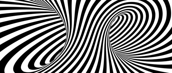 Abstract hypnotic spinning lines background. Black and white vertical tunnel wallpaper. Psychedelic twisted stripes pattern. Spiral rotating template for poster, banner, cover. Vector optical illusion