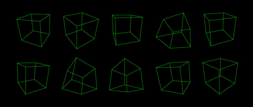 Neon green wireframe cube collection. Outline cubic shapes in different angle, perspective and position. Geometric square elements for design template, icon, logo. Abstract boxes vector illustration