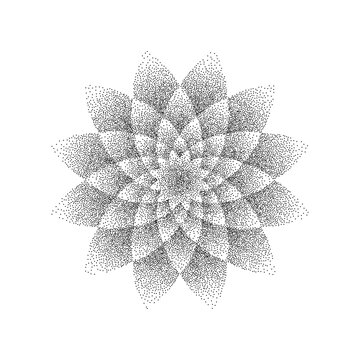Stipple flower background. Dotted ornament mandala. Noise grain star shape. Abstract black floral petals decoration. Dotwork radial pattern design for tattoo, poster, clothes, badge, sticker. Vector