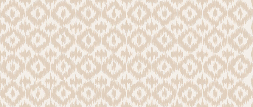 Seamless beige ikat pattern. Ethnic diamond monochrome repeating background. Ornamental tribal fabric and textile swatch print design. Vector light asian folk abstract wallpaper