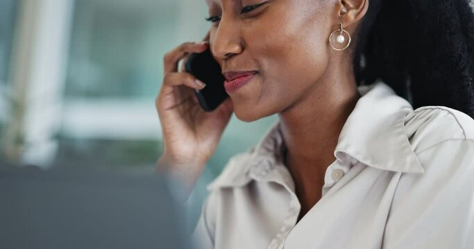 Phone call, contact and business woman closeup in office with negotiation and conversation. African female professional, connection and face at consultant job company with discussion on mobile