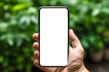 Hand using mobile smartphone in green forest background. smartphone with white empty display. For...