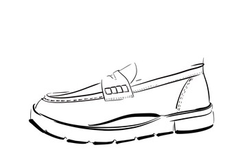 Fashion, casual, sport shoes. Sketch, black line art. Design footwear.