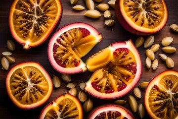  a halved passion fruit, studio lighting showcasing its unique seeds and pulp, 