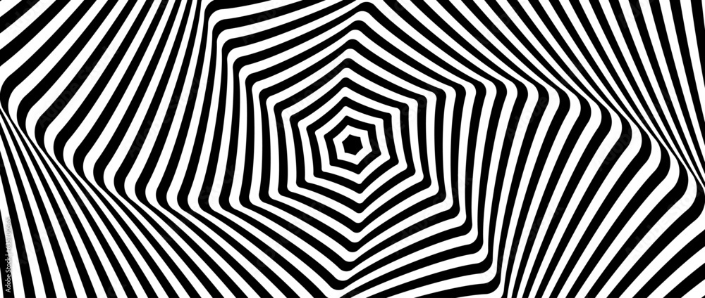 Poster radial optical illusion background. black and white abstract distorted lines surface. hypnotic poste