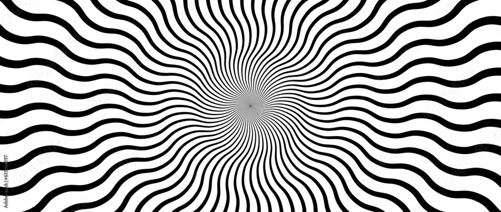 Poster optical illusion background. black and white abstract distorted wavy lines surface. radial waves pos