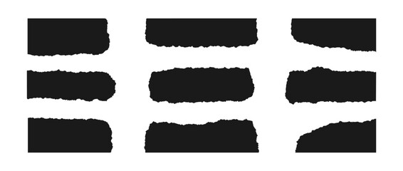 Torn paper corner pieces. Black cutout shapes with jagged edges. Ripped material corner, side and central elements collection. Textured grunge bundle for collage, text box, banner, sticker. Vector