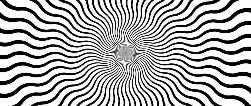 Optical illusion background. Black and white abstract distorted wavy lines surface. Radial waves poster design. Hypnotic ornamental horizontal wallpaper. Vector op art illustration