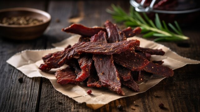 Delicious Beef Jerky Meat Product Photorealistic Horizontal Background. Savory Food, Gourmet Appetizer. Ai Generated Backdrop with Copyspace. Deli Beef Jerky Meat Product.