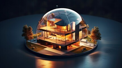 Glass globe with modern house inside, insurance protection concept 